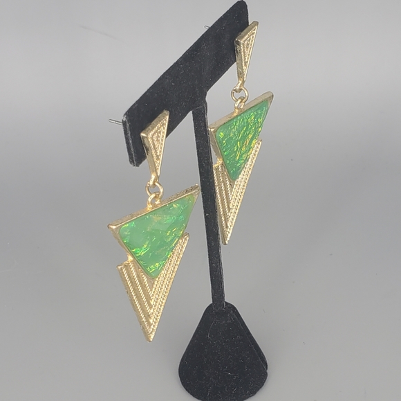 Goldtone Green Triangle Earrings, Goldtone Bangles and Goldtone Ring - Picture 3 of 12